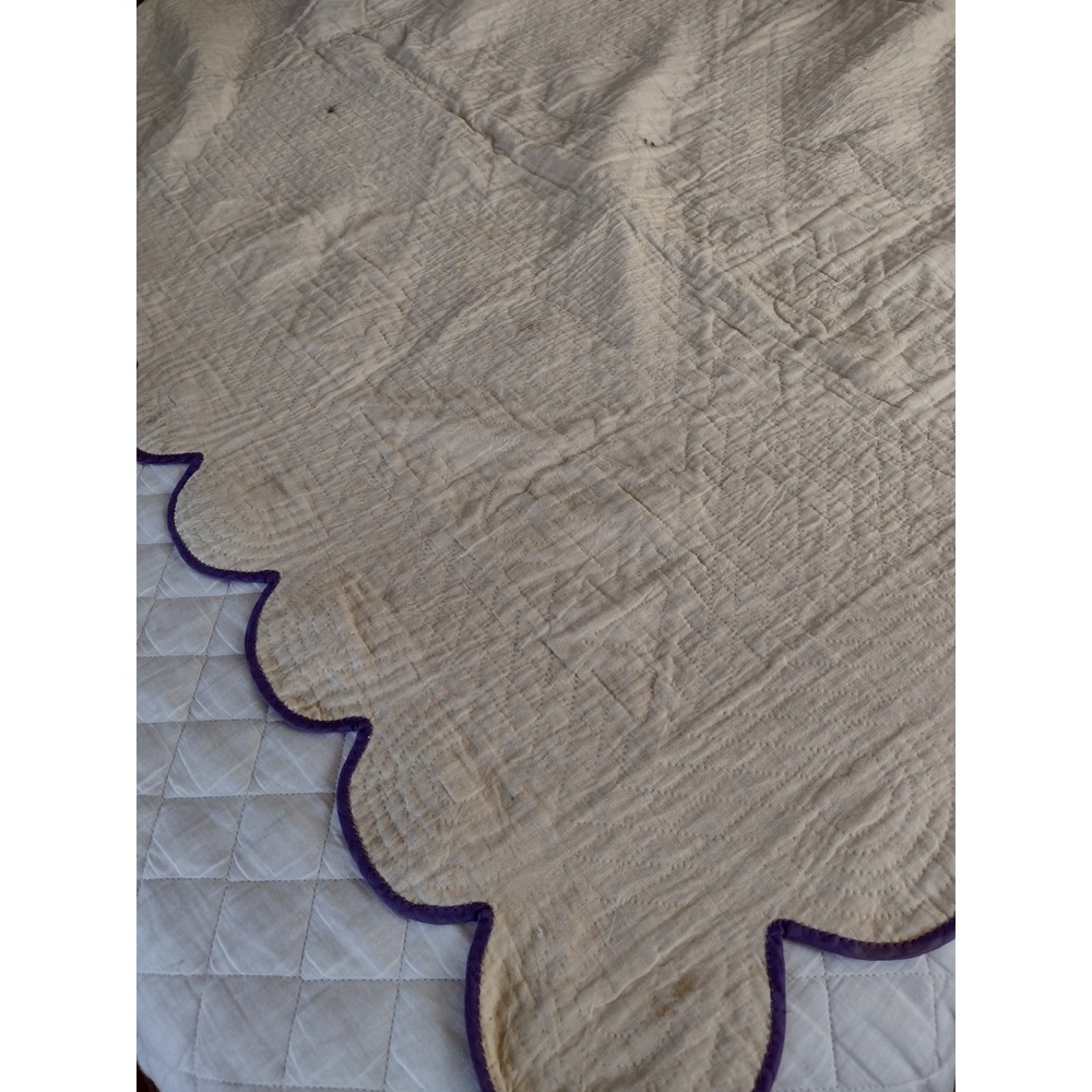 Vtg 30s WINDMILL QUILT Purple Yellow Floral Calico Scalloped Border Hand Quilted - Picture 7 of 10
